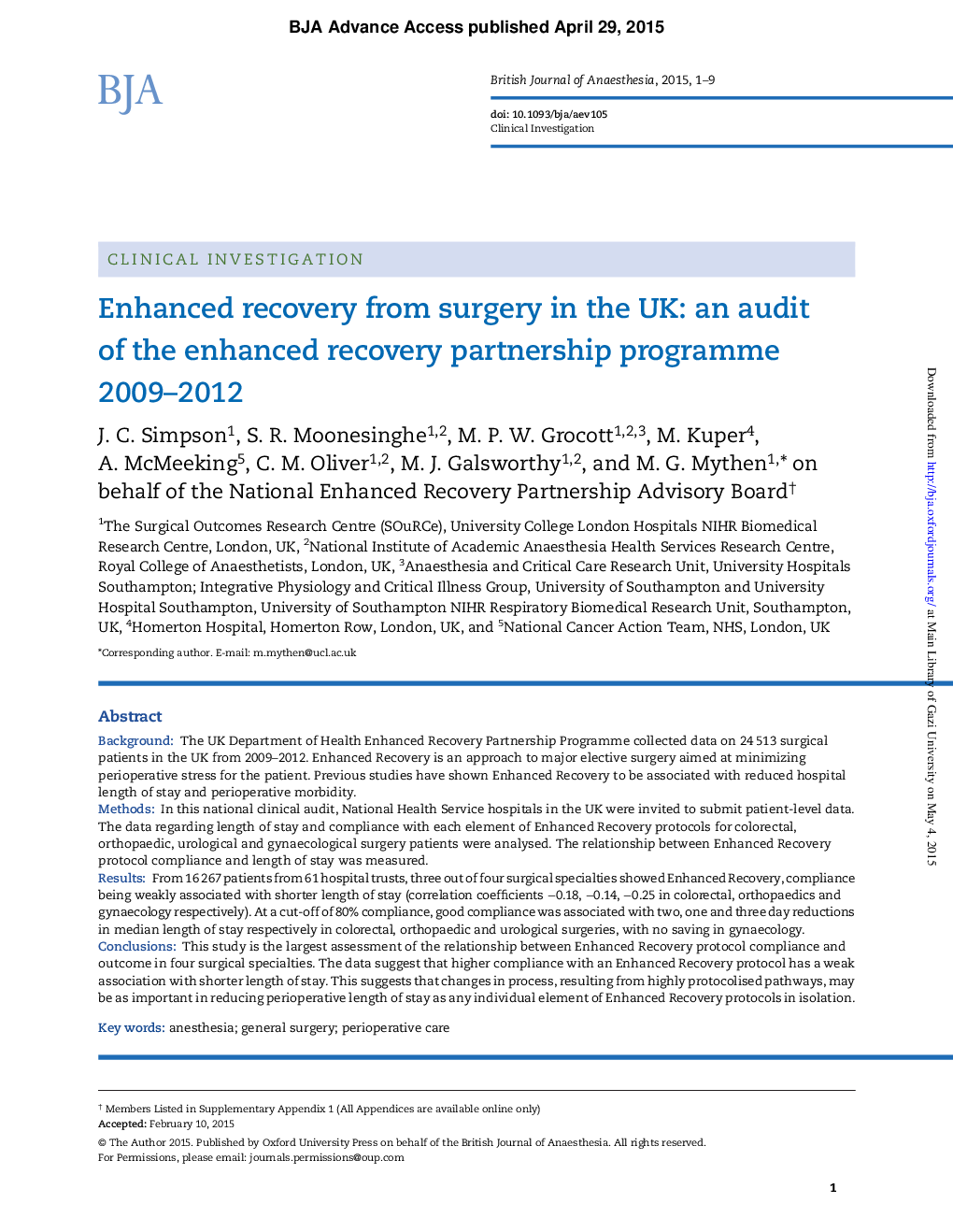 Enhanced recovery from surgery in the UK: an audit of the enhanced recovery partnership programme 2009-2012â 