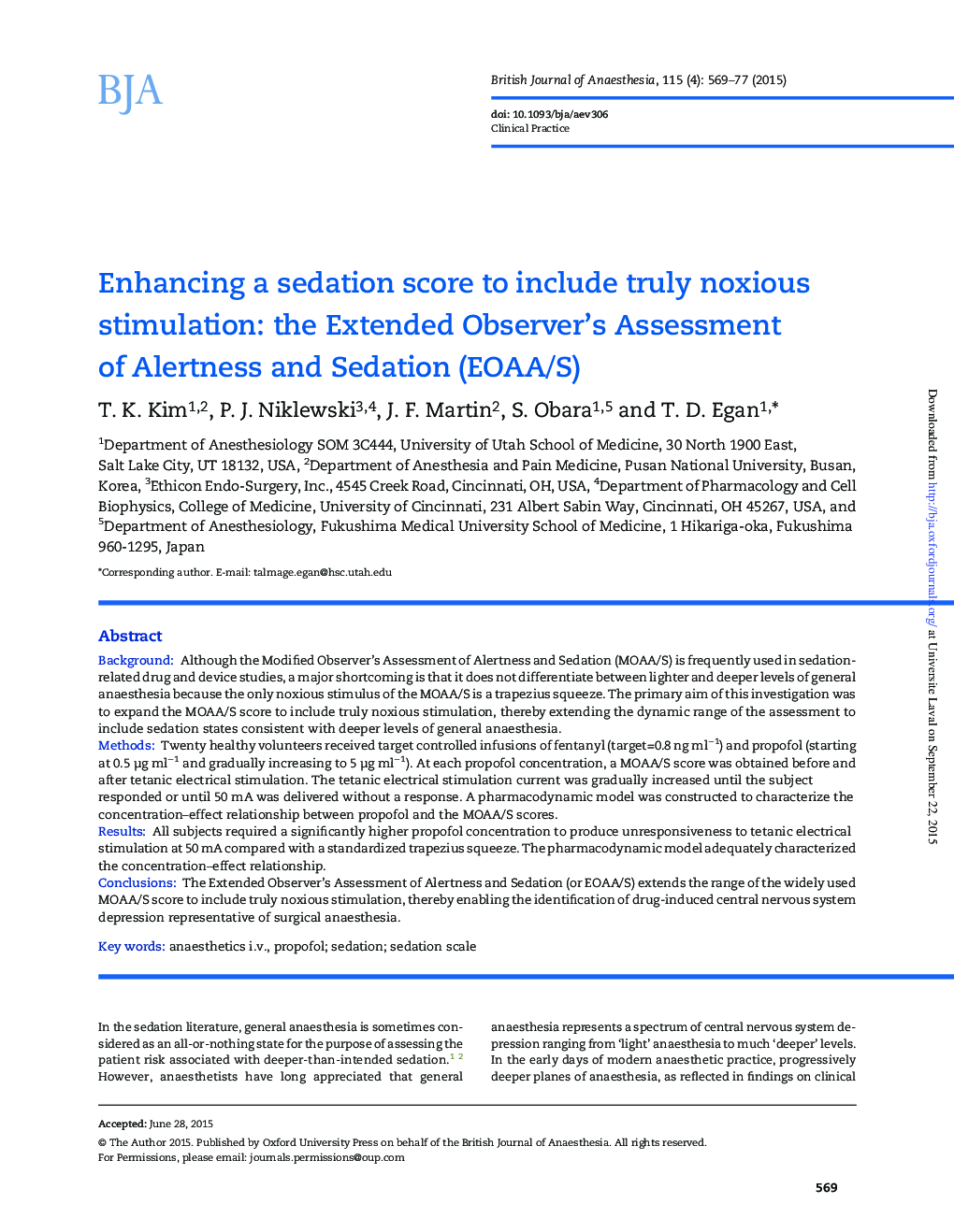 Enhancing a sedation score to include truly noxious stimulation: the Extended Observer's Assessment of Alertness and Sedation (EOAA/S)