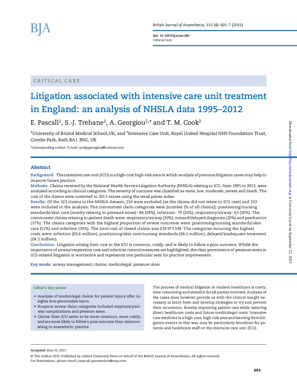 Litigation associated with intensive care unit treatment in England: an analysis of NHSLA data 1995-2012