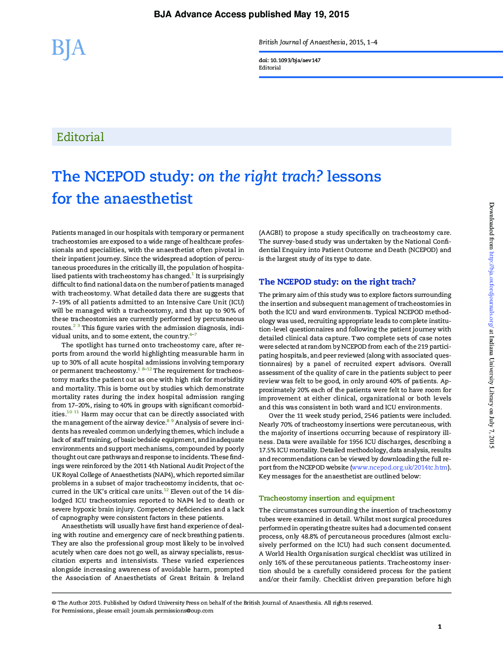 The NCEPOD study: on the right trach? lessons for the anaesthetist