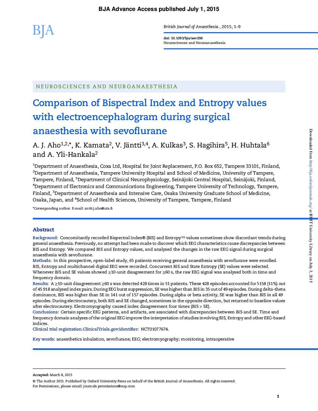 Comparison of Bispectral Index and Entropy values with electroencephalogram during surgical anaesthesia with sevofluraneâ 