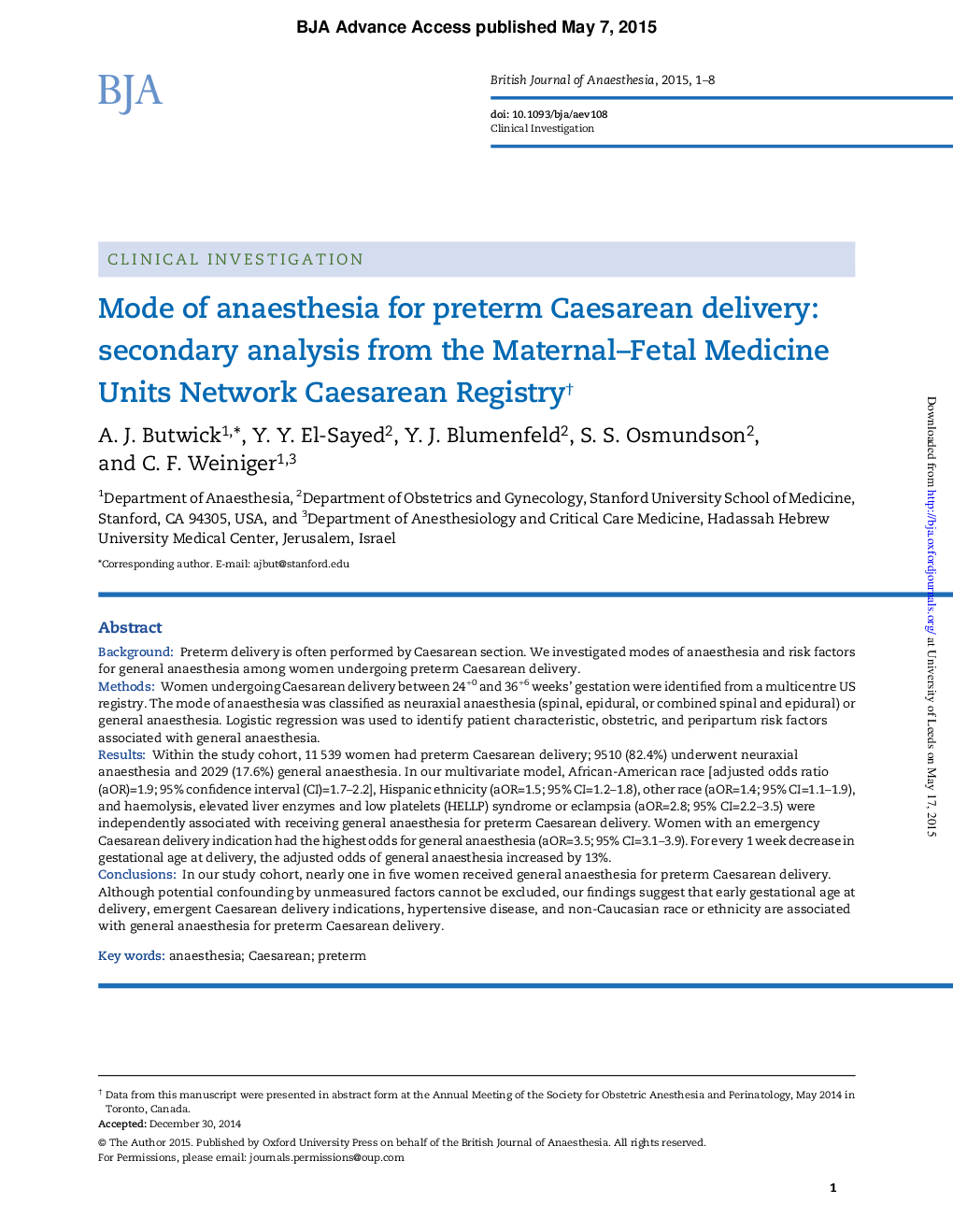 Mode of anaesthesia for preterm Caesarean delivery: secondary analysis from the Maternal-Fetal Medicine Units Network Caesarean Registryâ â¡