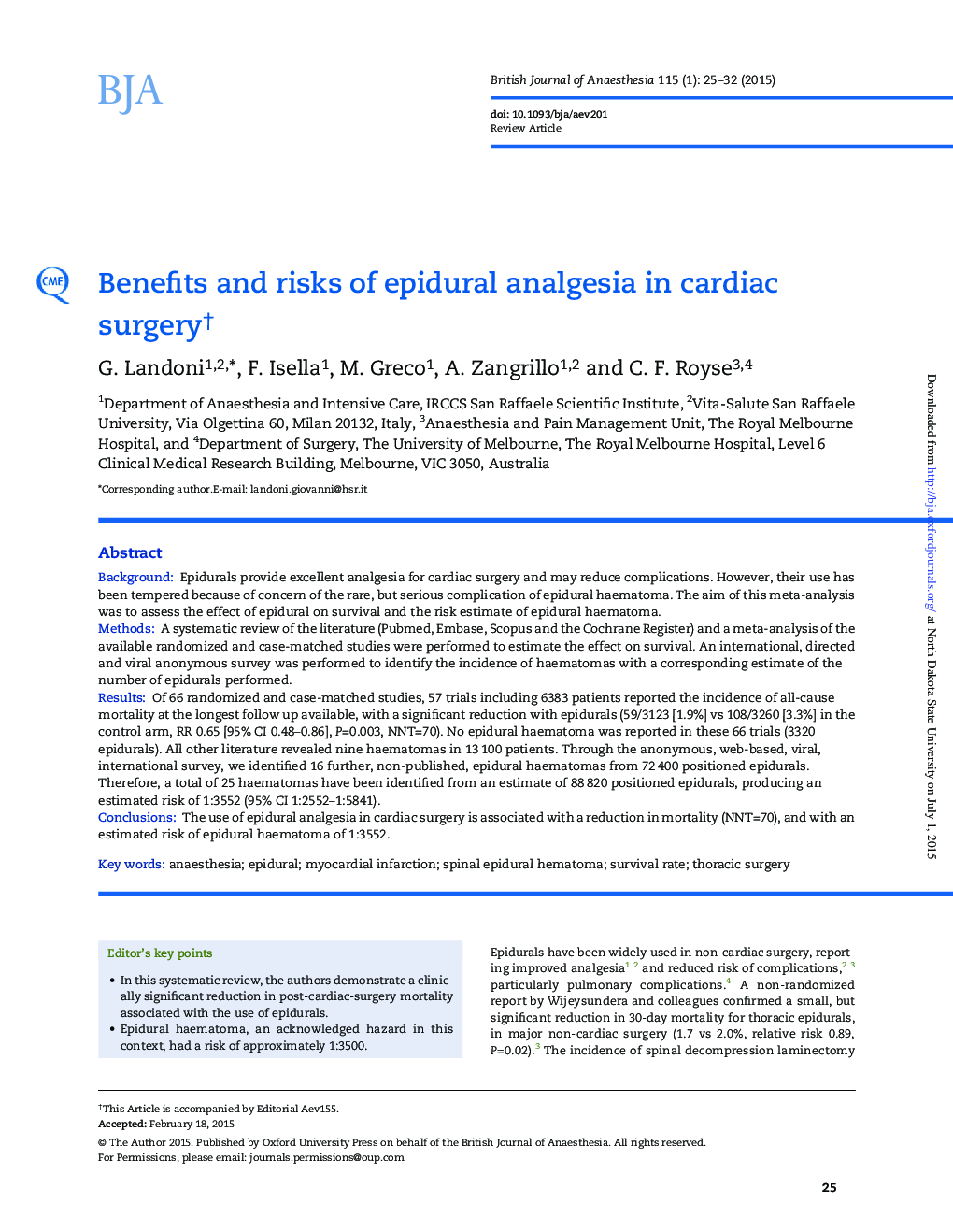 Benefits and risks of epidural analgesia in cardiac surgeryâ 
