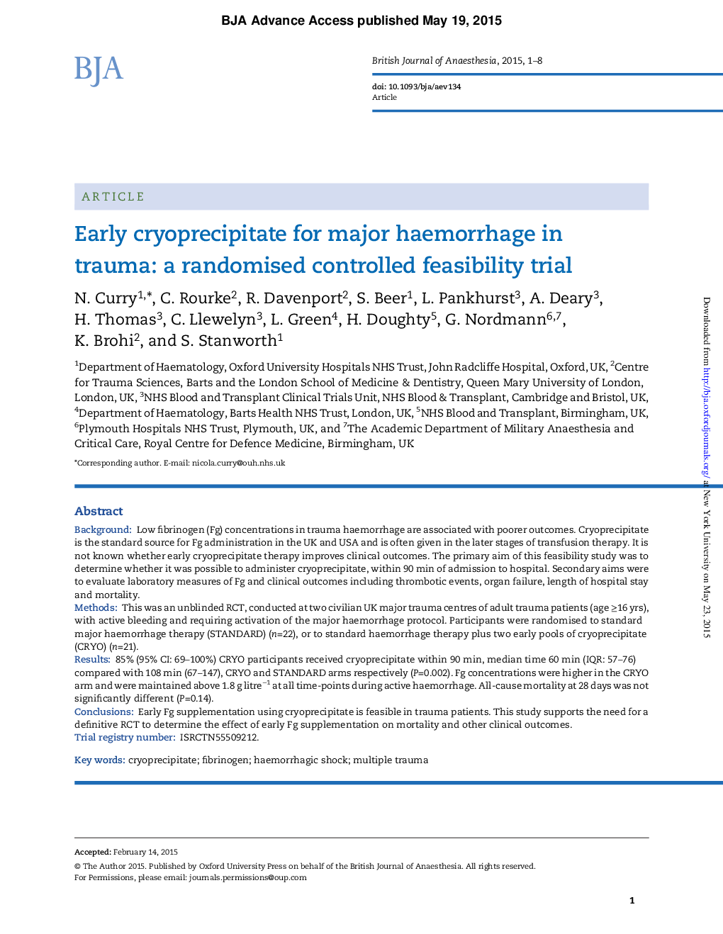 Early cryoprecipitate for major haemorrhage in trauma: a randomised controlled feasibility trial