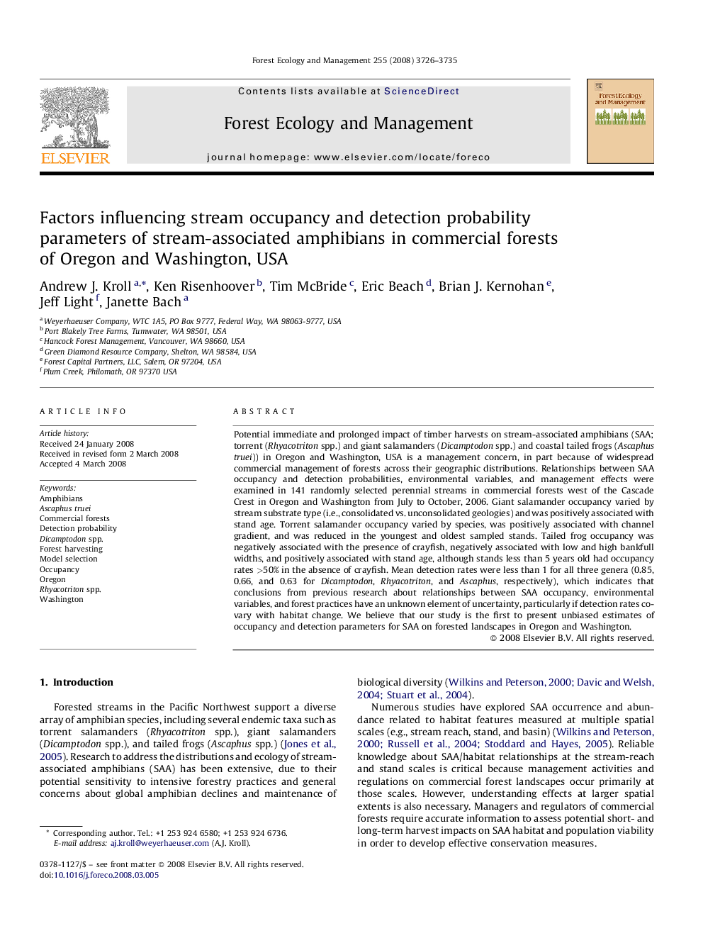 Factors influencing stream occupancy and detection probability parameters of stream-associated amphibians in commercial forests of Oregon and Washington, USA