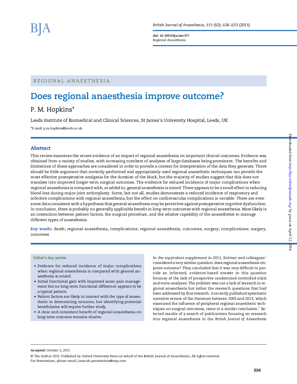 Does regional anaesthesia improve outcome?