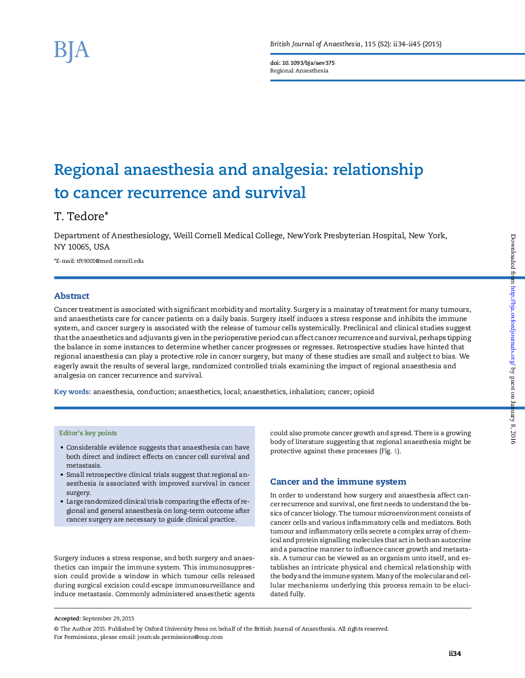 Regional anaesthesia and analgesia: relationship to cancer recurrence and survival