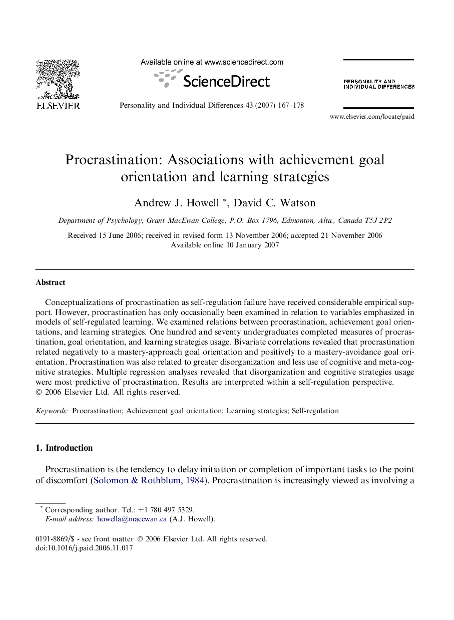 Procrastination: Associations with achievement goal orientation and learning strategies