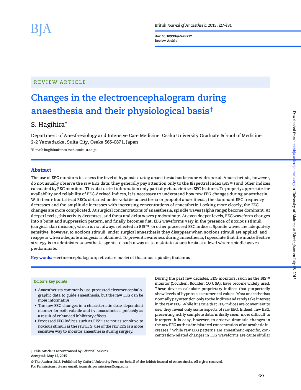 Changes in the electroencephalogram during anaesthesia and their physiological basis