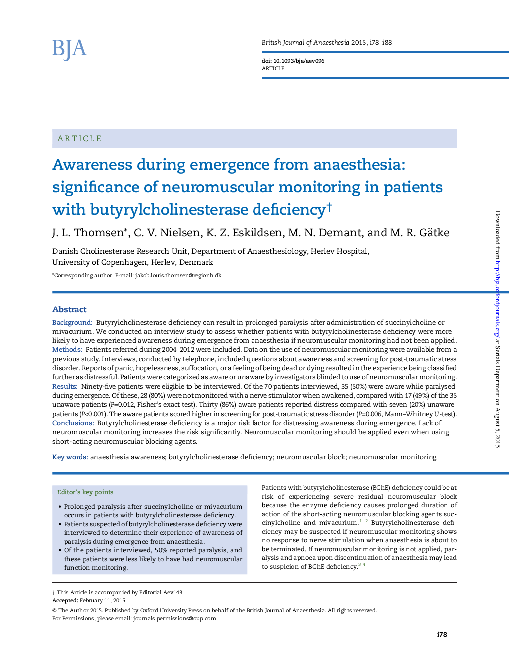 Awareness during emergence from anaesthesia: significance of neuromuscular monitoring in patients with butyrylcholinesterase deficiency