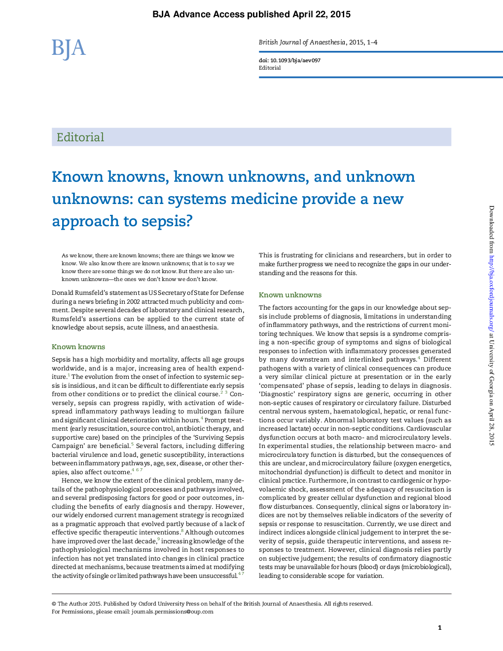 Known knowns, known unknowns, and unknown unknowns: can systems medicine provide a new approach to sepsis?