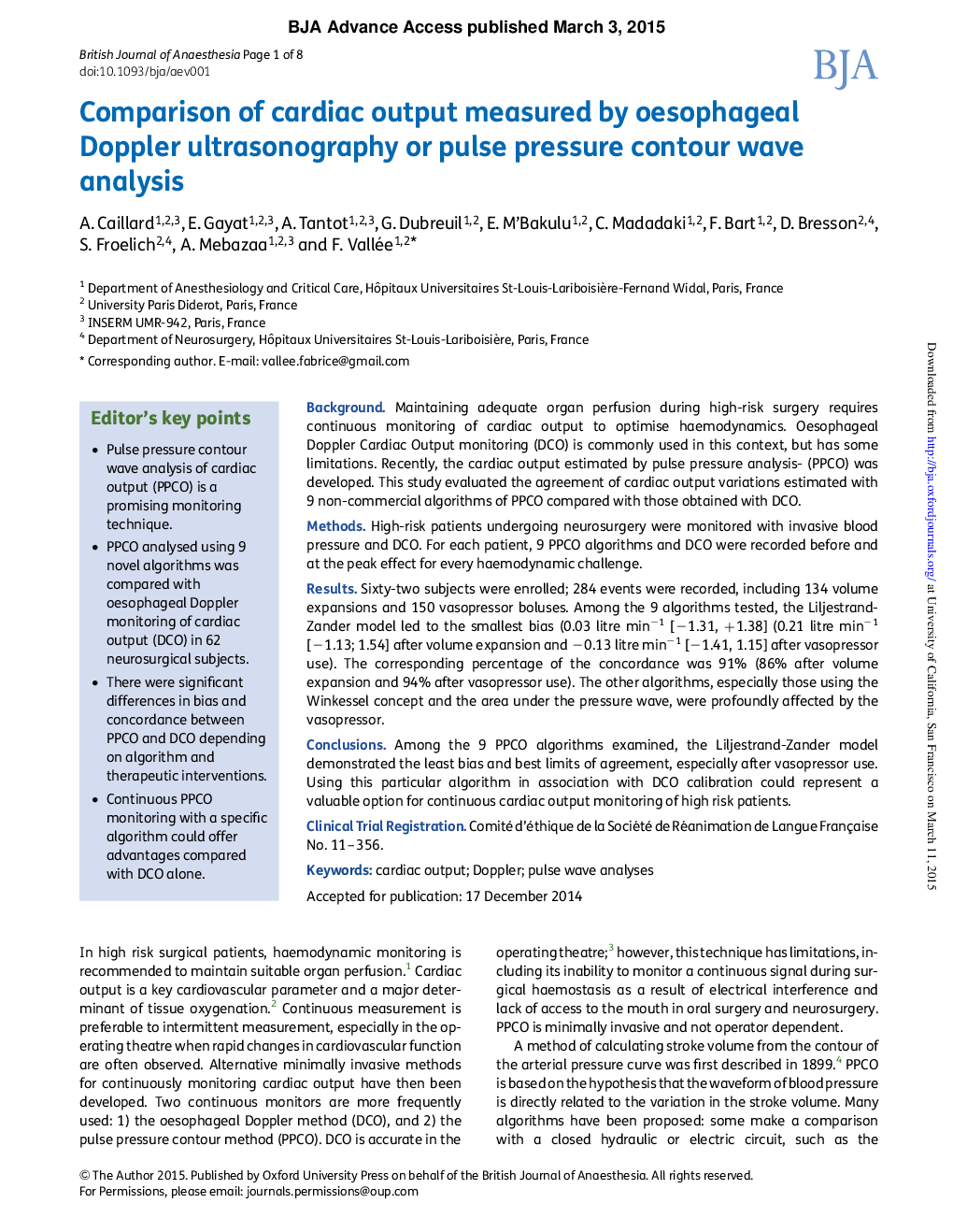 Comparison of cardiac output measured by oesophageal Doppler ultrasonography or pulse pressure contour wave analysis