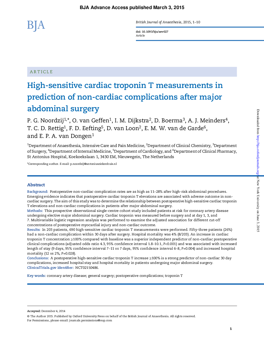 High-sensitive cardiac troponin T measurements in prediction of non-cardiac complications after major abdominal surgeryâ 