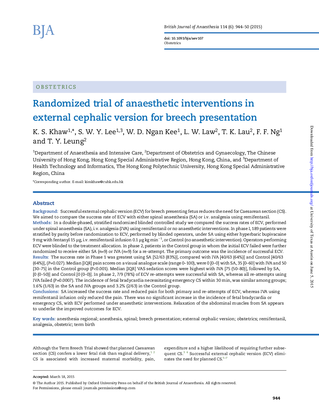 Randomized trial of anaesthetic interventions in external cephalic version for breech presentation