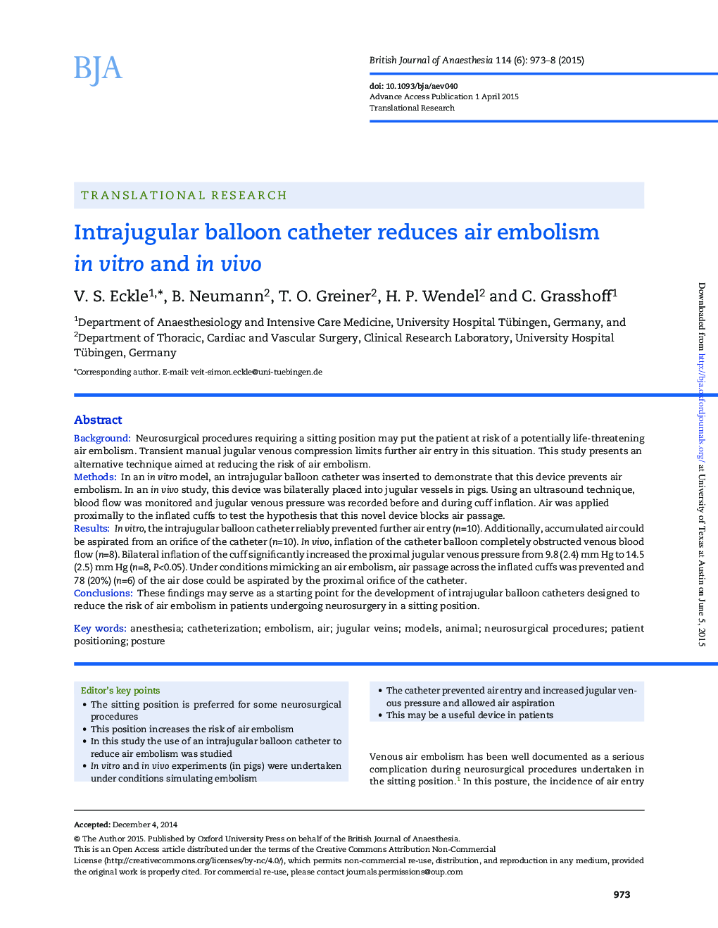 Intrajugular balloon catheter reduces air embolism in vitro and in vivo