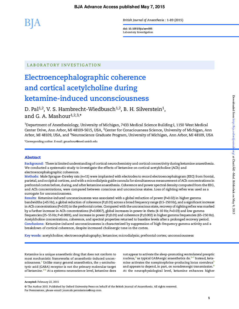 Electroencephalographic coherence and cortical acetylcholine during ketamine-induced unconsciousness