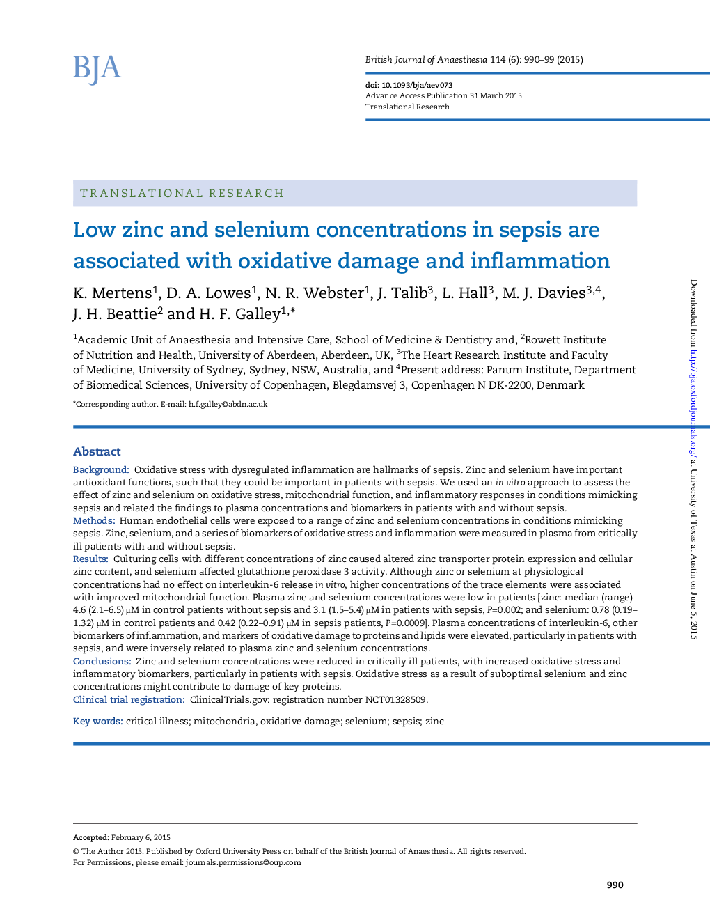 Low zinc and selenium concentrations in sepsis are associated with oxidative damage and inflammation