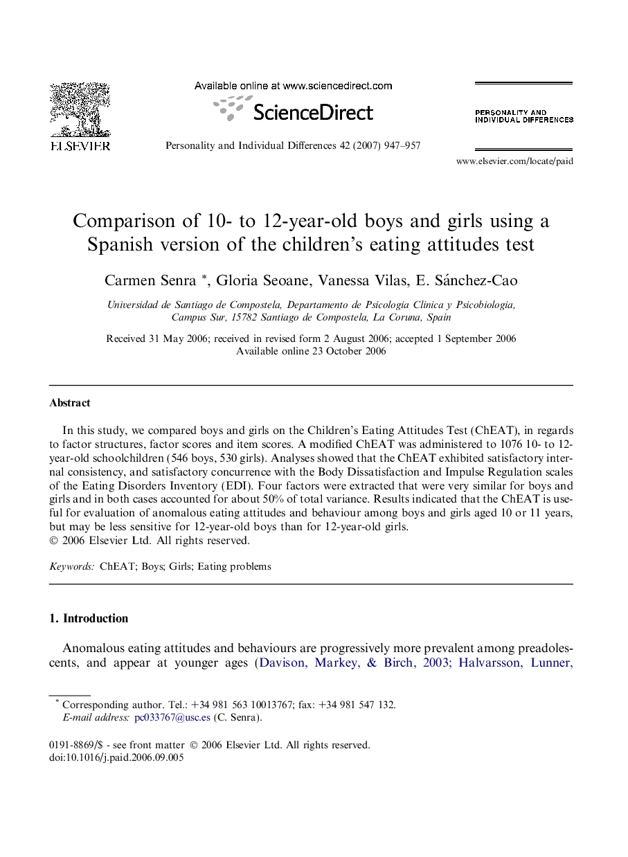 Comparison of 10- to 12-year-old boys and girls using a Spanish version of the children’s eating attitudes test