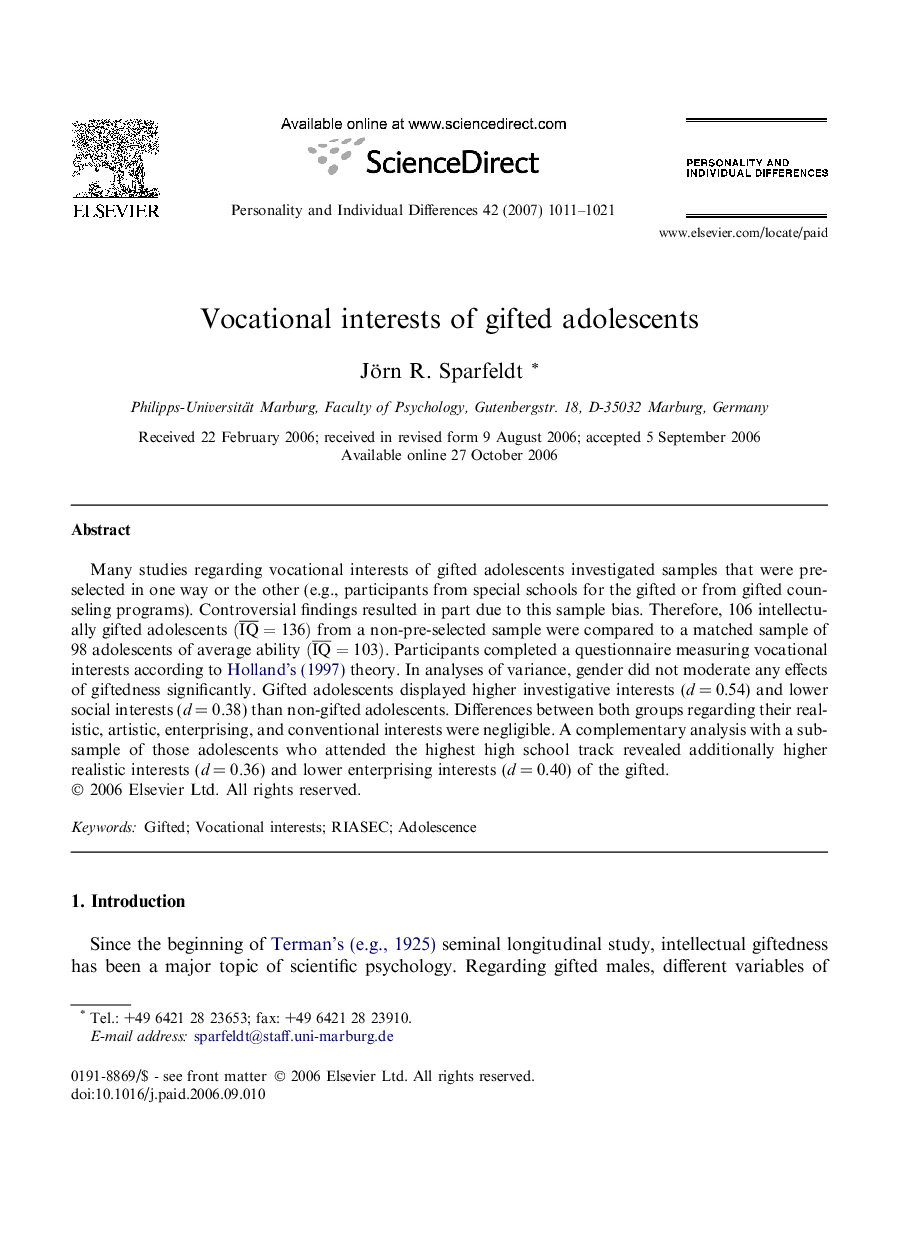 Vocational interests of gifted adolescents