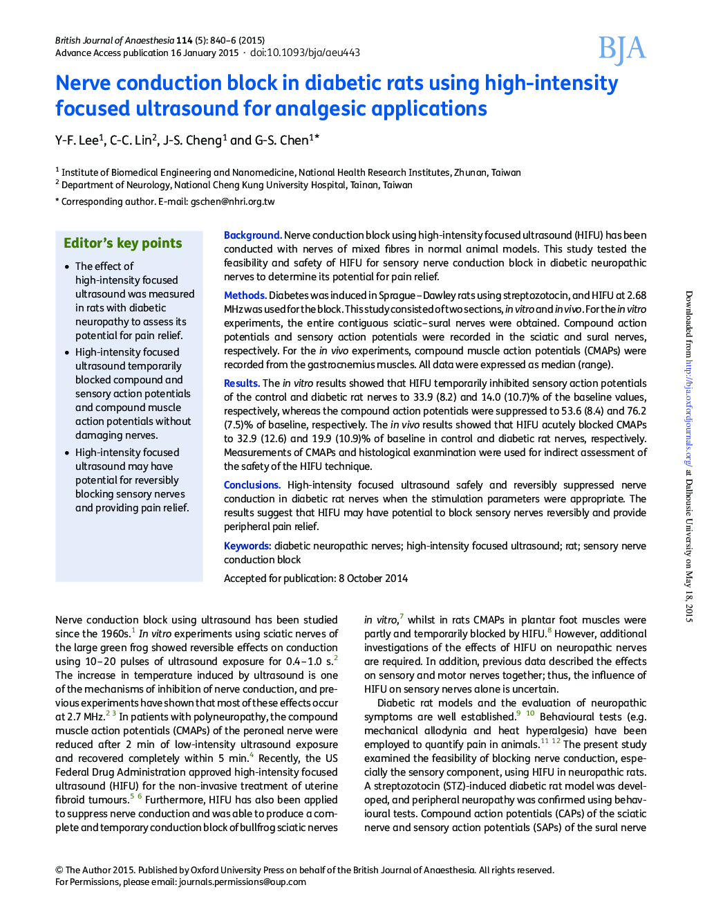 Nerve conduction block in diabetic rats using high-intensity focused ultrasound for analgesic applications