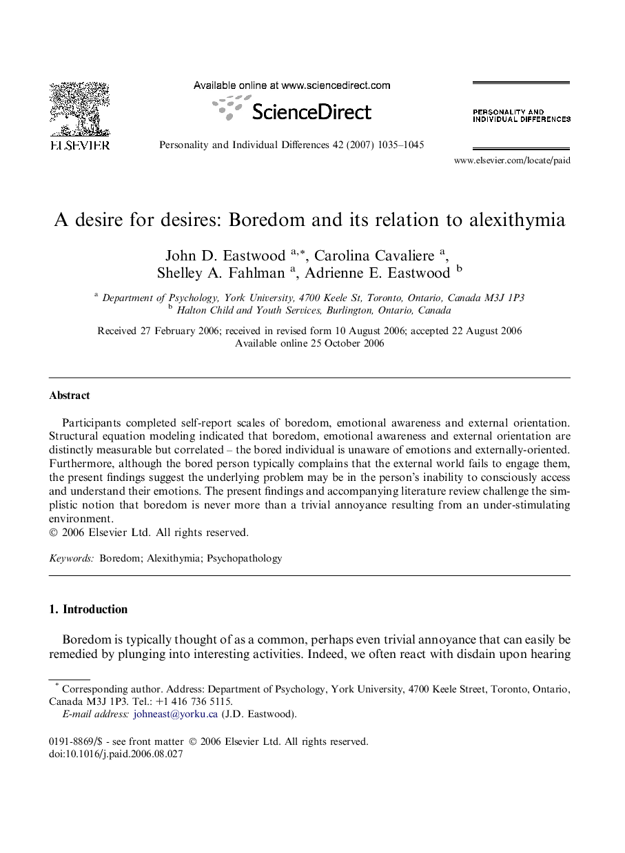 A desire for desires: Boredom and its relation to alexithymia