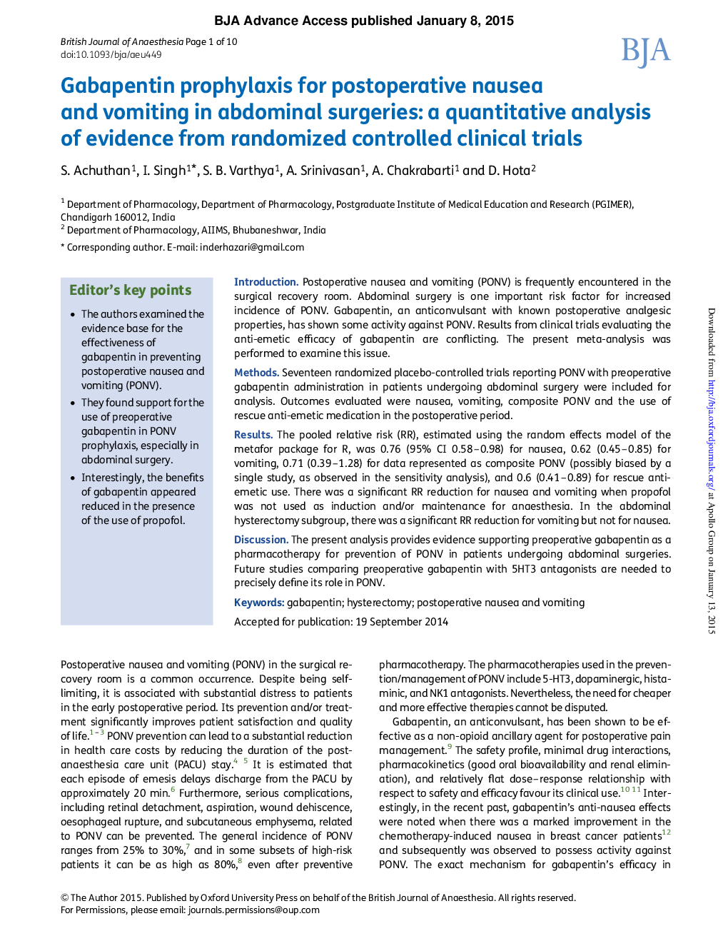 پیشگیری از گاباپنتین برای تهوع و استفراغ پس از عمل جراحی شکم: یک تجزیه و تحلیل کمی از شواهد از کارآزمایی های بالینی تصادفی کنترل شده 