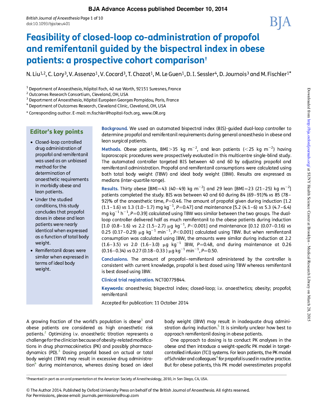 Feasibility of closed-loop co-administration of propofol and remifentanil guided by the bispectral index in obese patients: a prospective cohort comparisonâ 