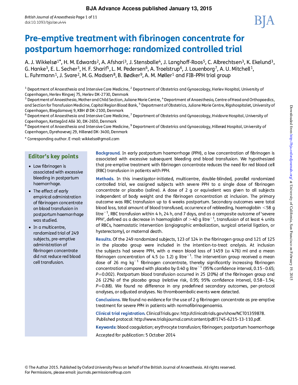 درمان پیشگیرانه با فیبرینوژن کنسانتره خونریزی پس از زایمان: آزمایش تصادفی کنترل شده 