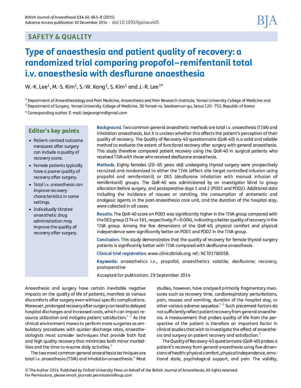 Type of anaesthesia and patient quality of recovery: a randomized trial comparing propofol-remifentanil total i.v. anaesthesia with desflurane anaesthesia