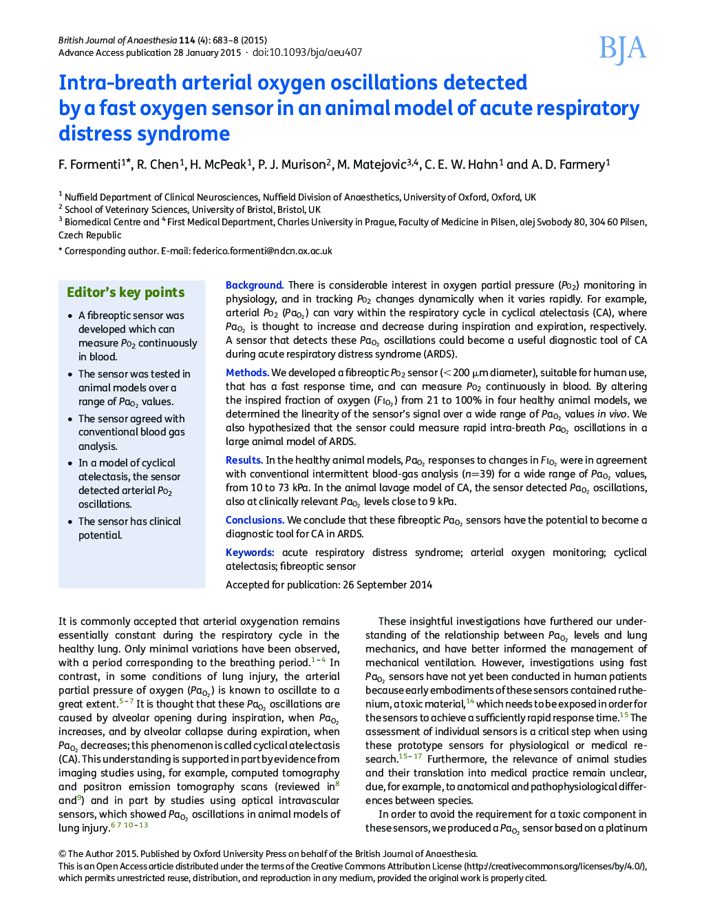 Intra-breath arterial oxygen oscillations detected by a fast oxygen sensor in an animal model of acute respiratory distress syndrome