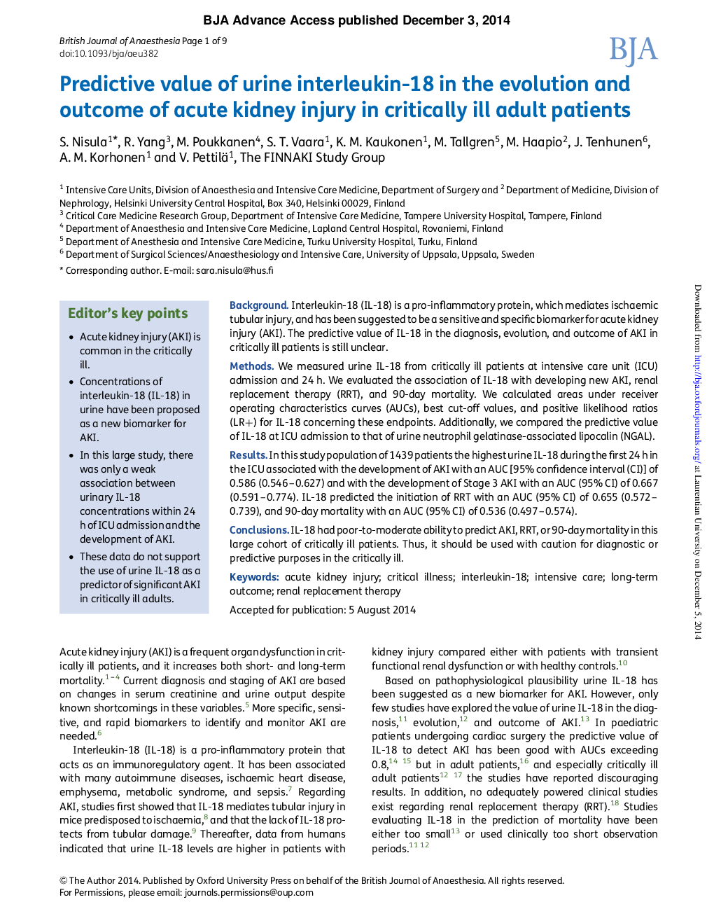 ارزش پیش بینی کننده اینترلوکین -18 ادرار در تکامل و نتیجه آسیب های شدید کلیه در بیماران بزرگسال بالاتری 