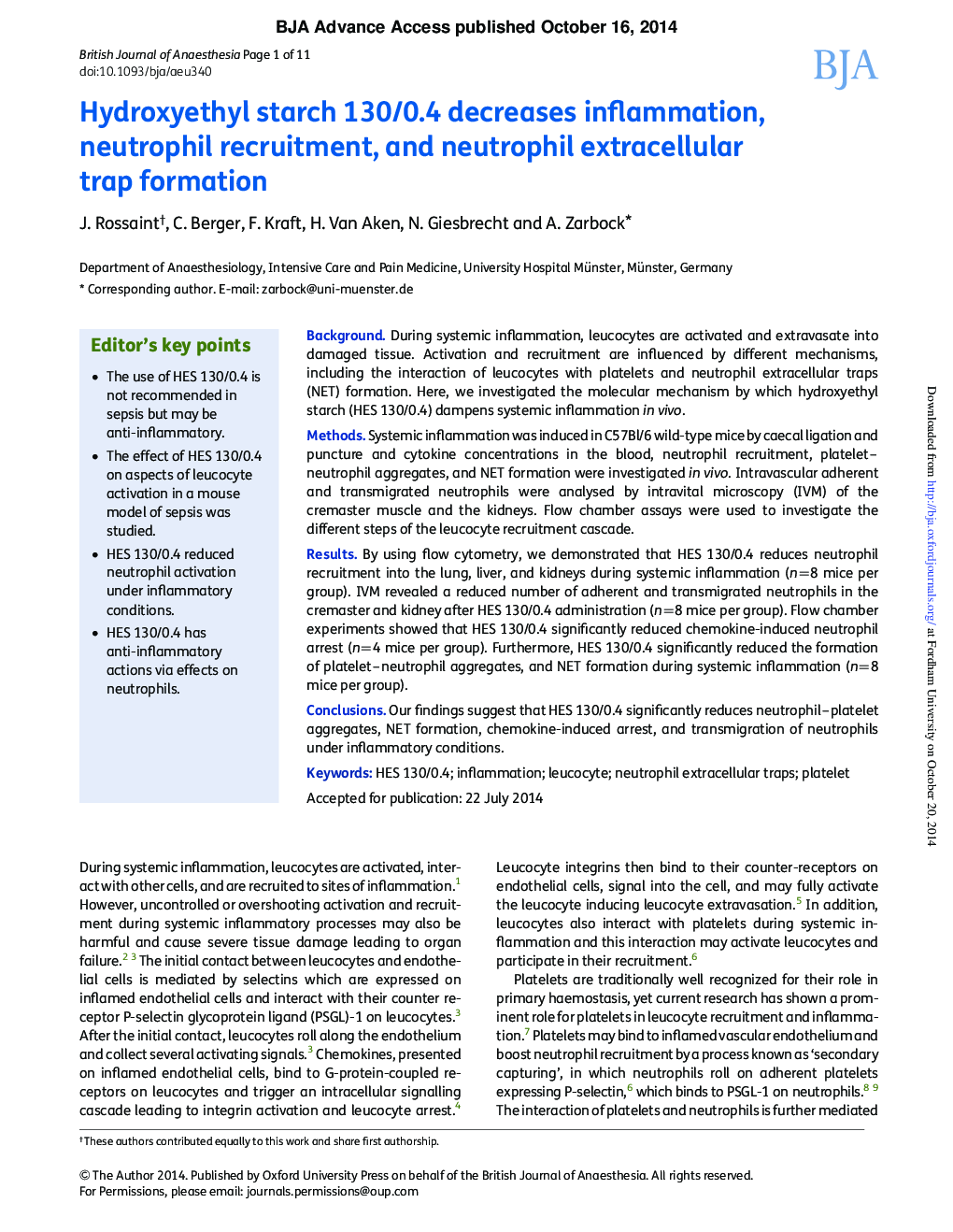 Hydroxyethyl starch 130/0.4 decreases inflammation, neutrophil recruitment, and neutrophil extracellular trap formation