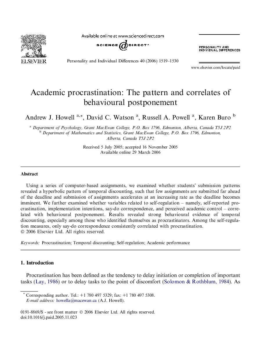 Academic procrastination: The pattern and correlates of behavioural postponement