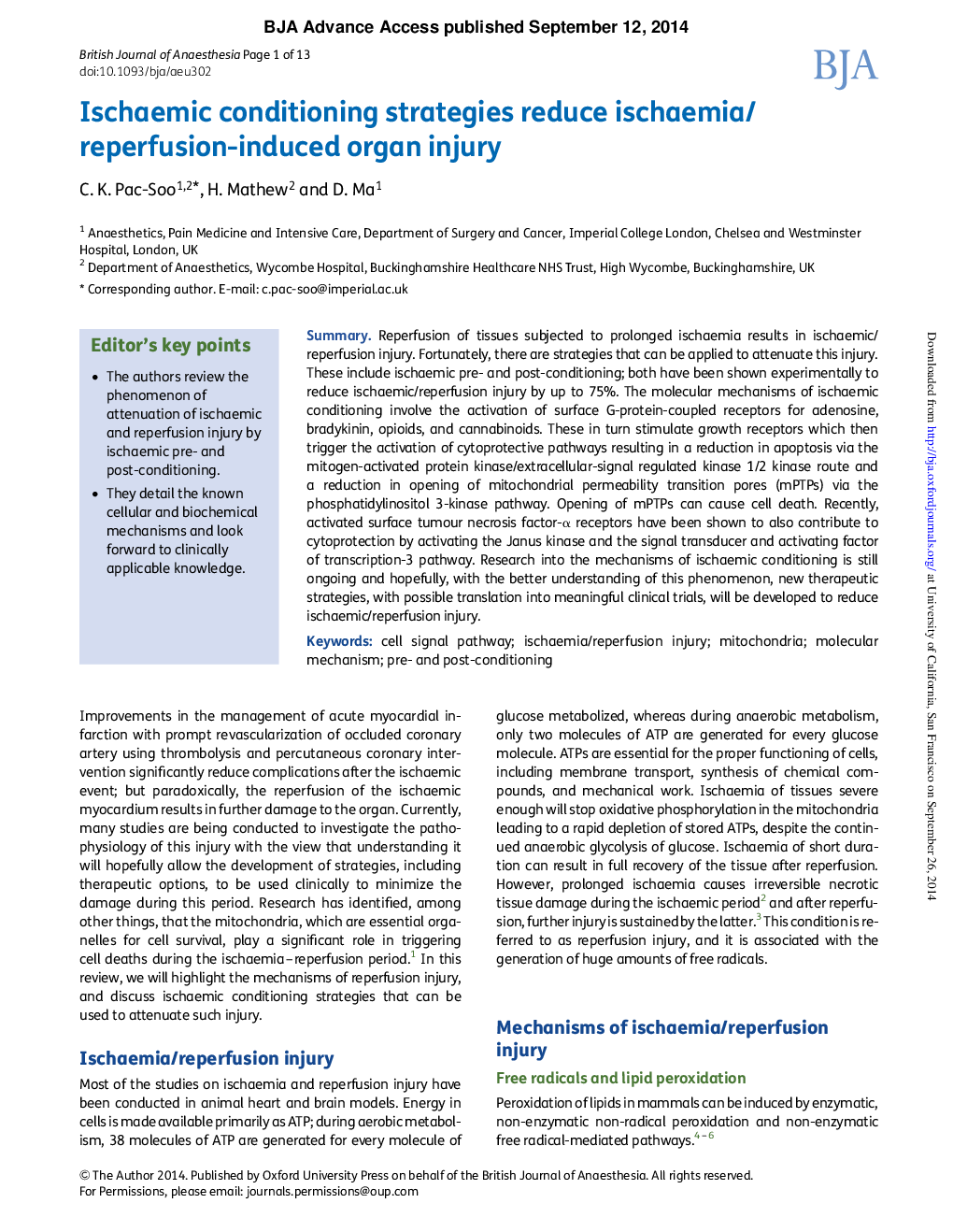 Ischaemic conditioning strategies reduce ischaemia/reperfusion-induced organ injury