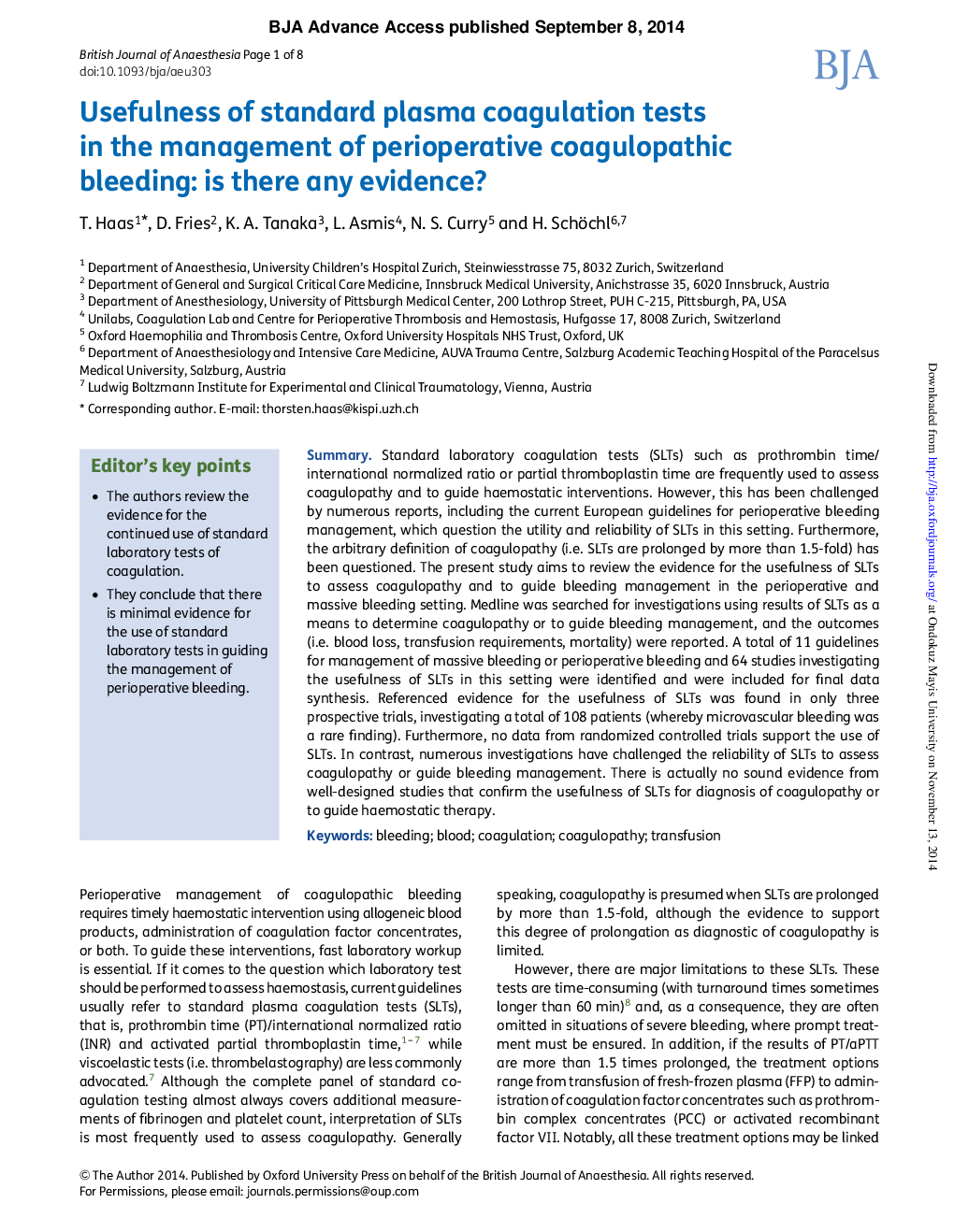 مفید بودن تستهای انعقادی استاندارد پلاسما در مدیریت خونریزی کواگولوپاتیک: هر شواهدی وجود دارد؟ 
