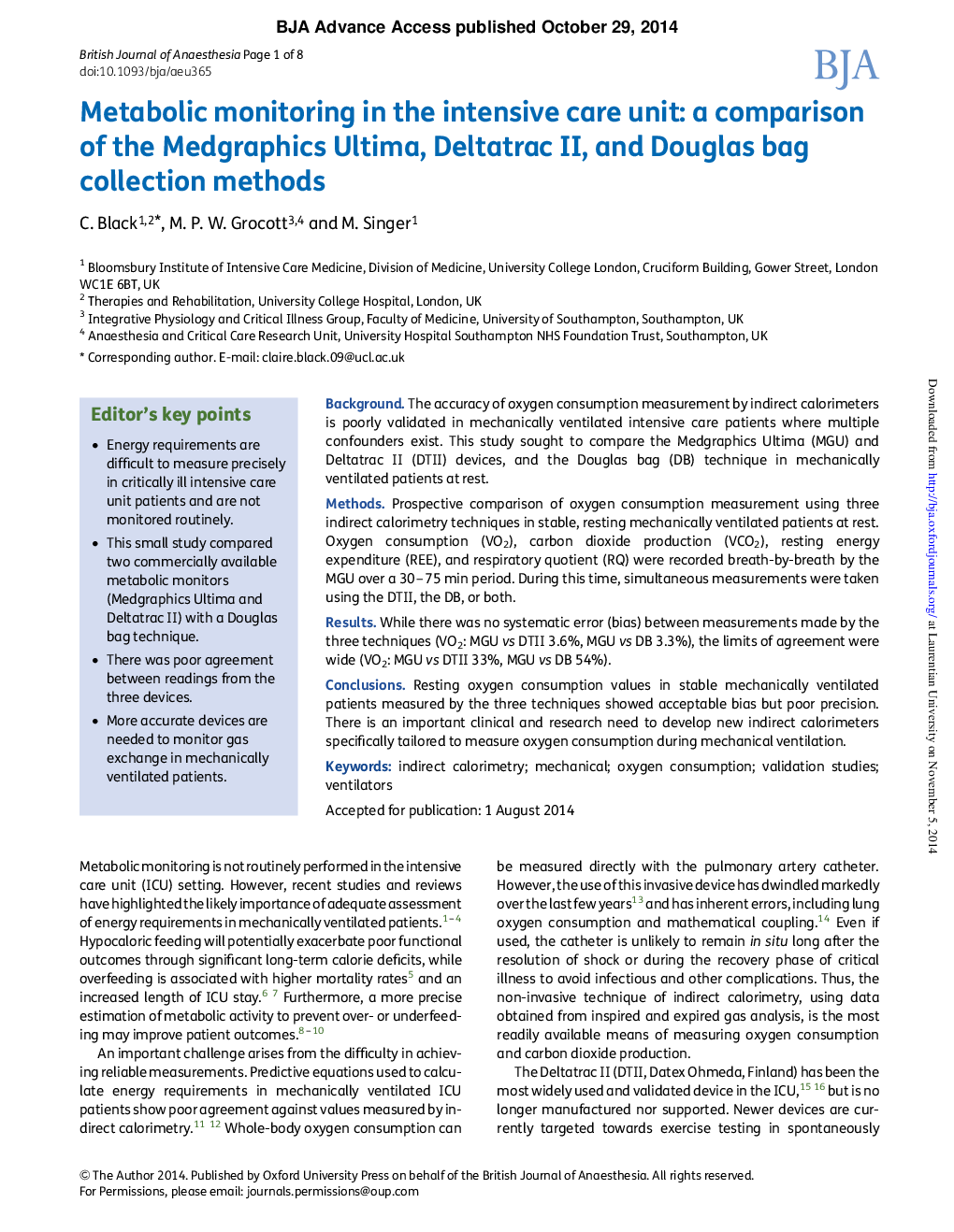 Metabolic monitoring in the intensive care unit: a comparison of the Medgraphics Ultima, Deltatrac II, and Douglas bag collection methods