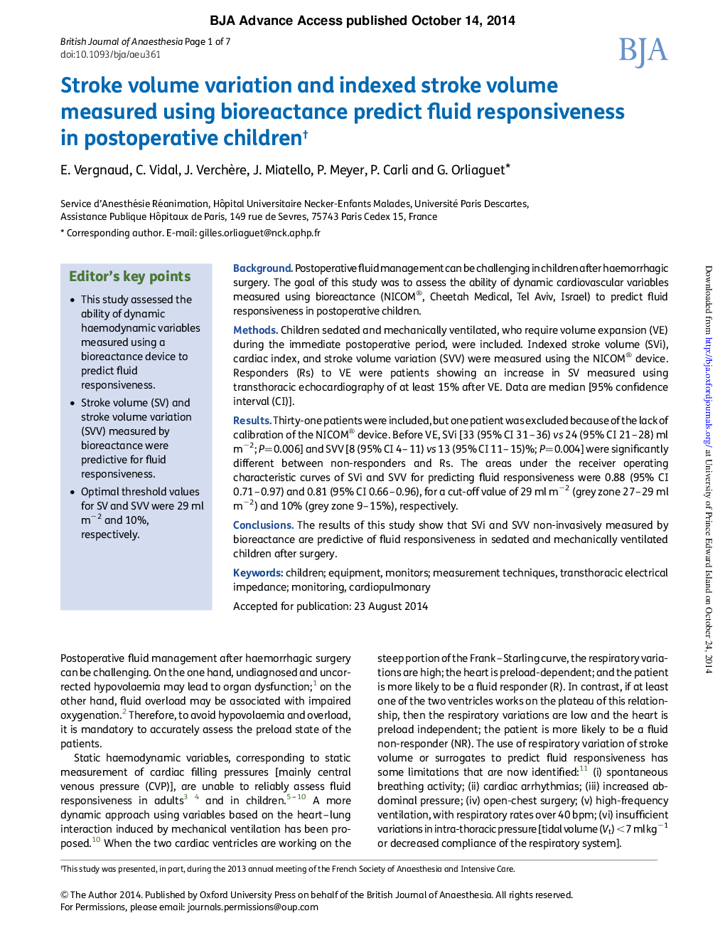 Stroke volume variation and indexed stroke volume measured using bioreactance predict fluid responsiveness in postoperative childrenâ 