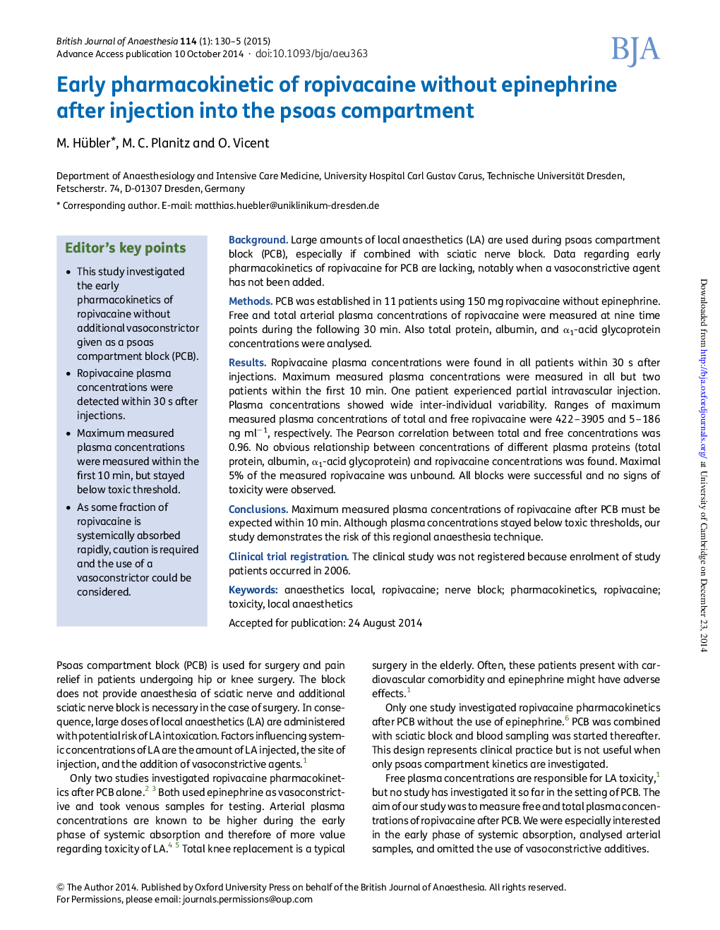 Early pharmacokinetic of ropivacaine without epinephrine after injection into the psoas compartment