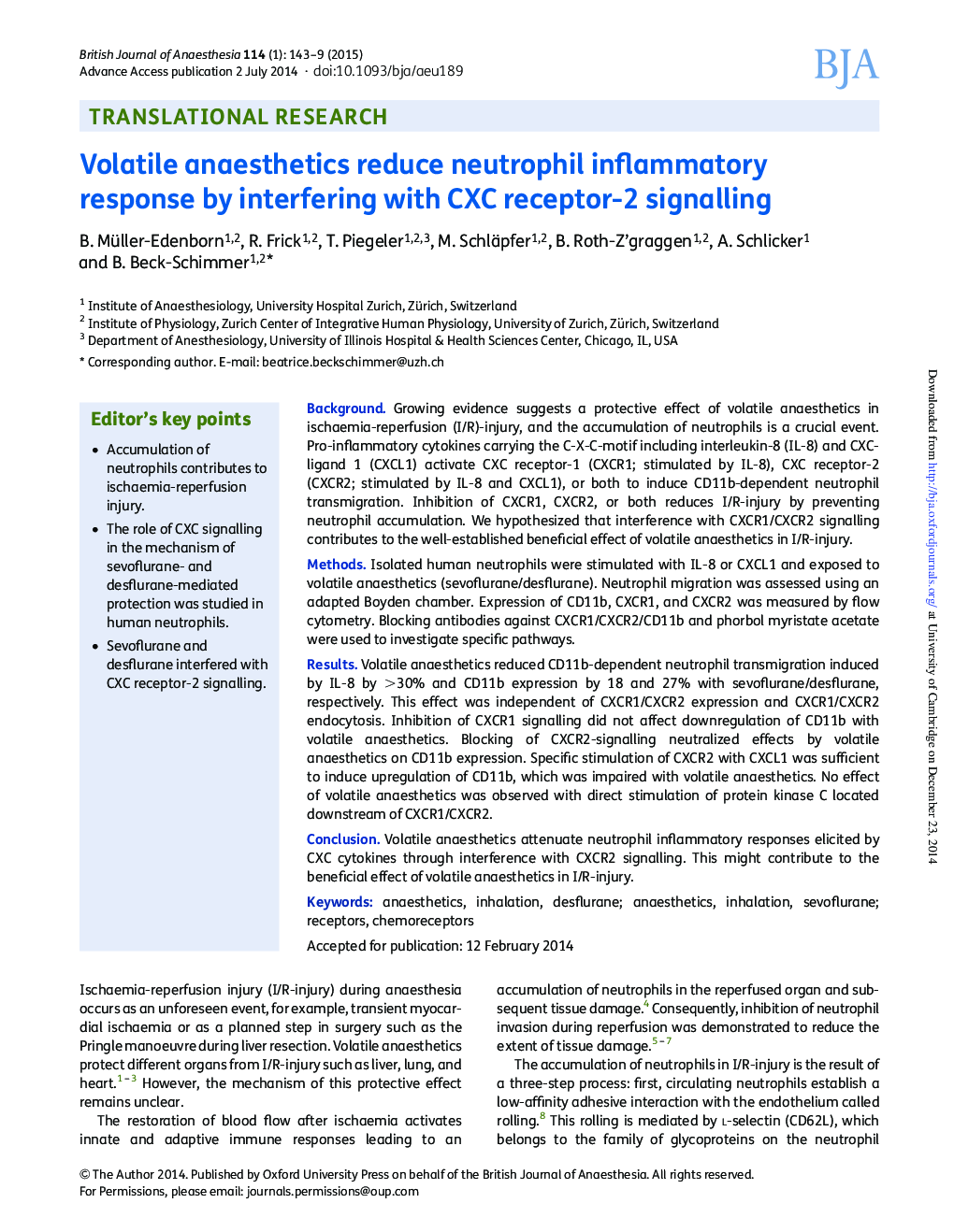 عکس صفحه اول مقاله: Volatile anaesthetics reduce neutrophil inflammatory response by interfering with CXC receptor-2 signalling Volatile anaesthetics reduce neutrophil inflammatory response by interfering with CXC receptor-2 signalling