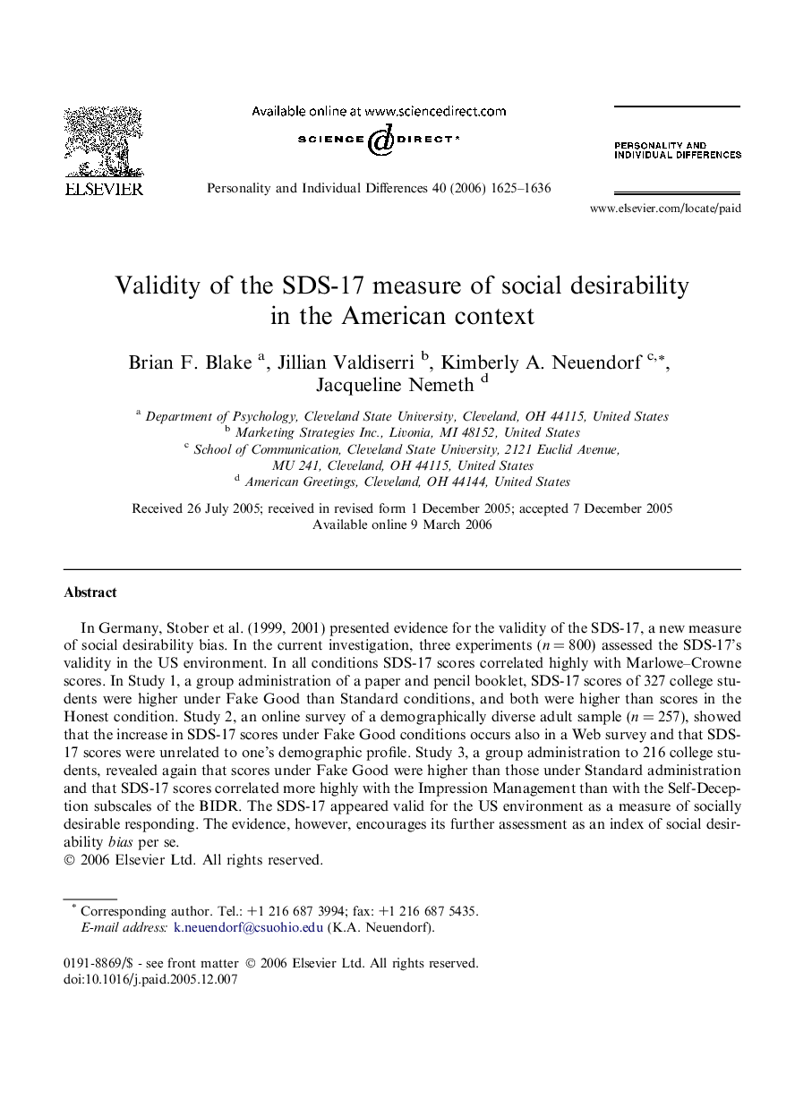 Validity of the SDS-17 measure of social desirability in the American context