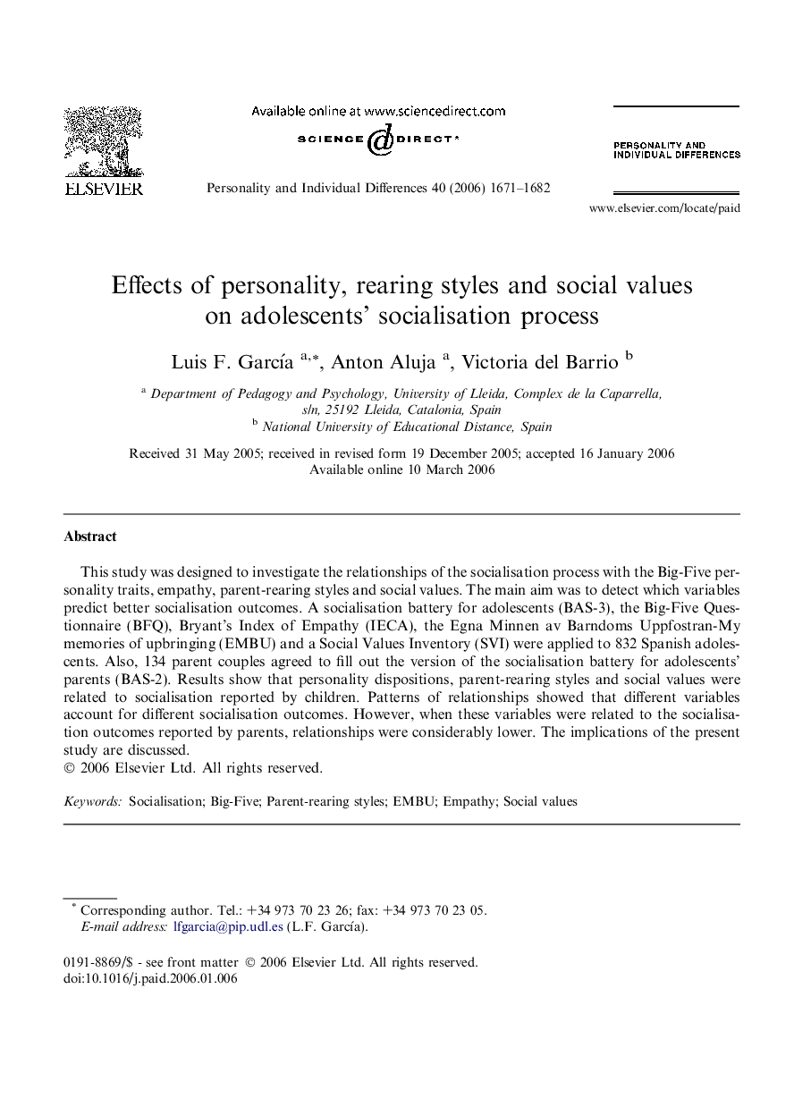 Effects of personality, rearing styles and social values on adolescents’ socialisation process