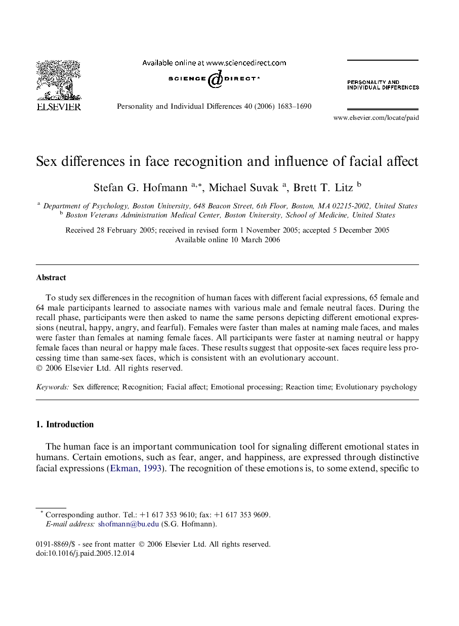 Sex differences in face recognition and influence of facial affect