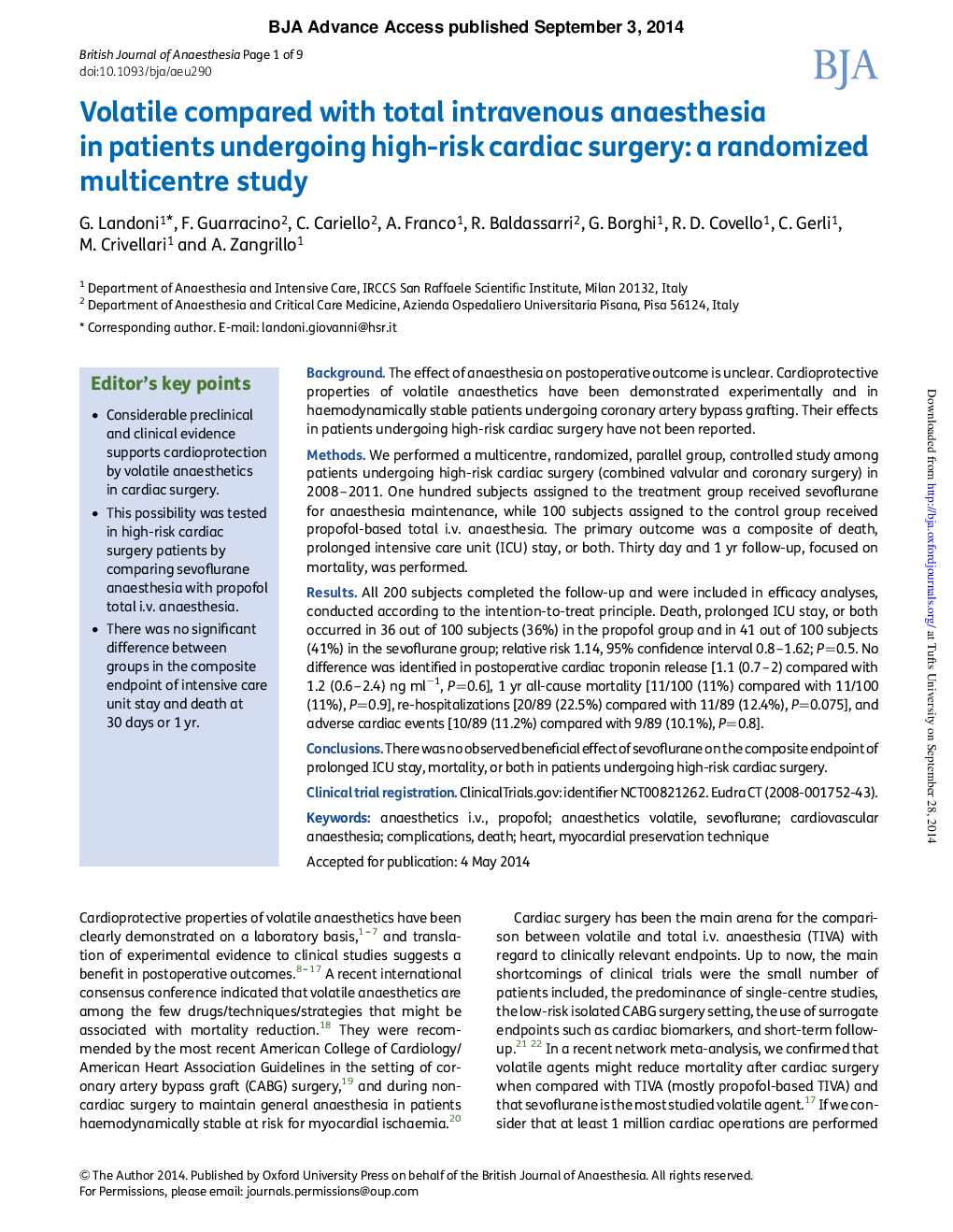 Volatile compared with total intravenous anaesthesia in patients undergoing high-risk cardiac surgery: a randomized multicentre study