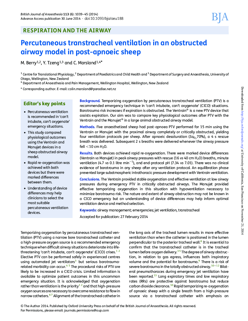 Percutaneous transtracheal ventilation in an obstructed airway model in post-apnoeic sheep