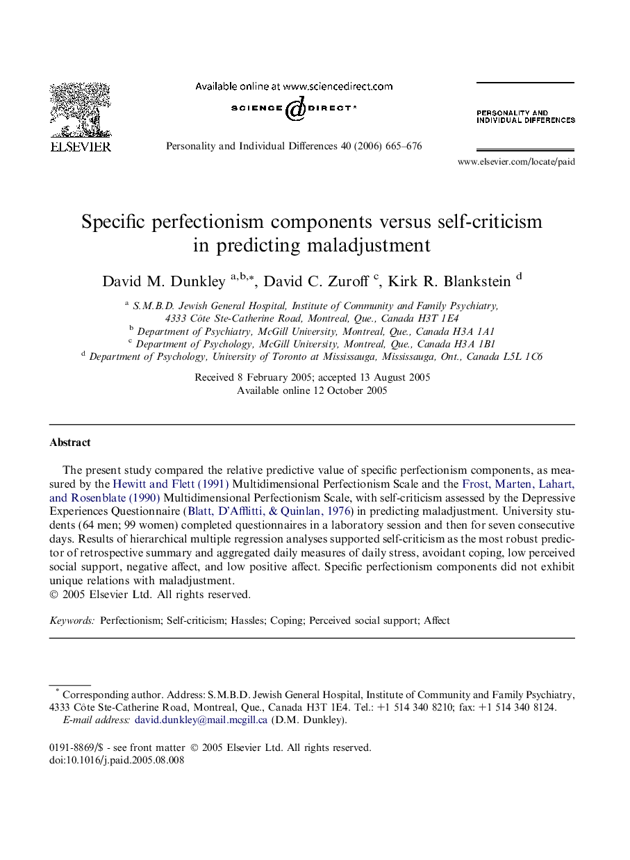 Specific perfectionism components versus self-criticism in predicting maladjustment