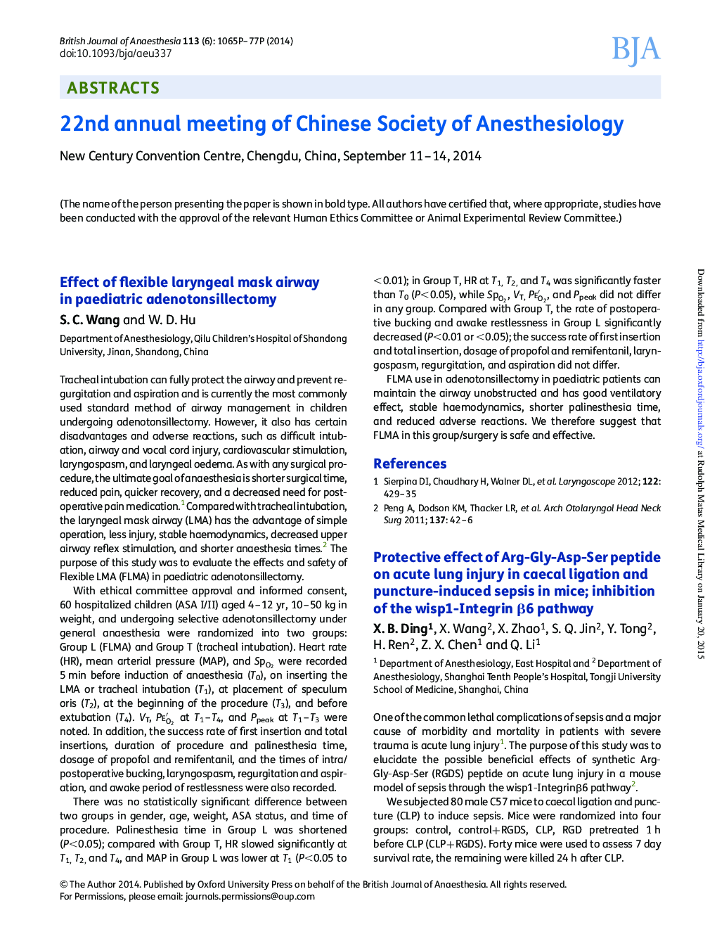 22nd annual meeting of Chinese Society of Anesthesiology