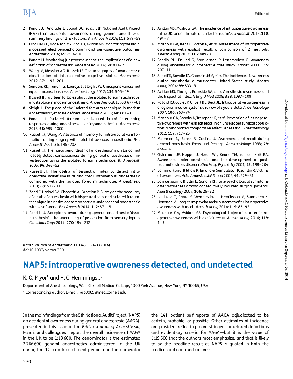 عکس صفحه اول مقاله: NAP5: intraoperative awareness detected, and undetected NAP5: intraoperative awareness detected, and undetected