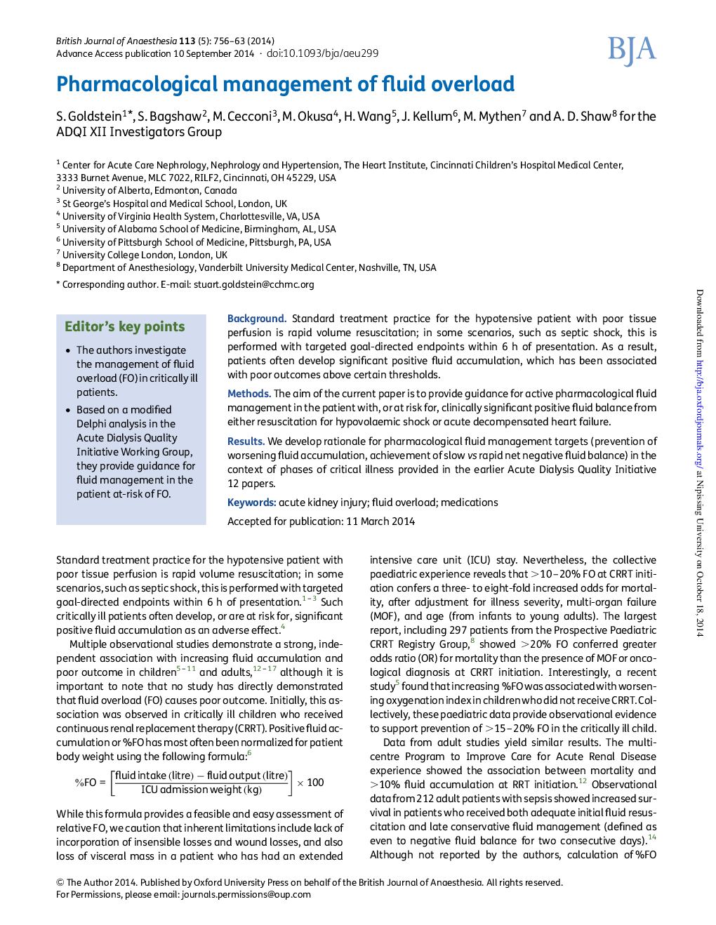 Pharmacological management of fluid overload