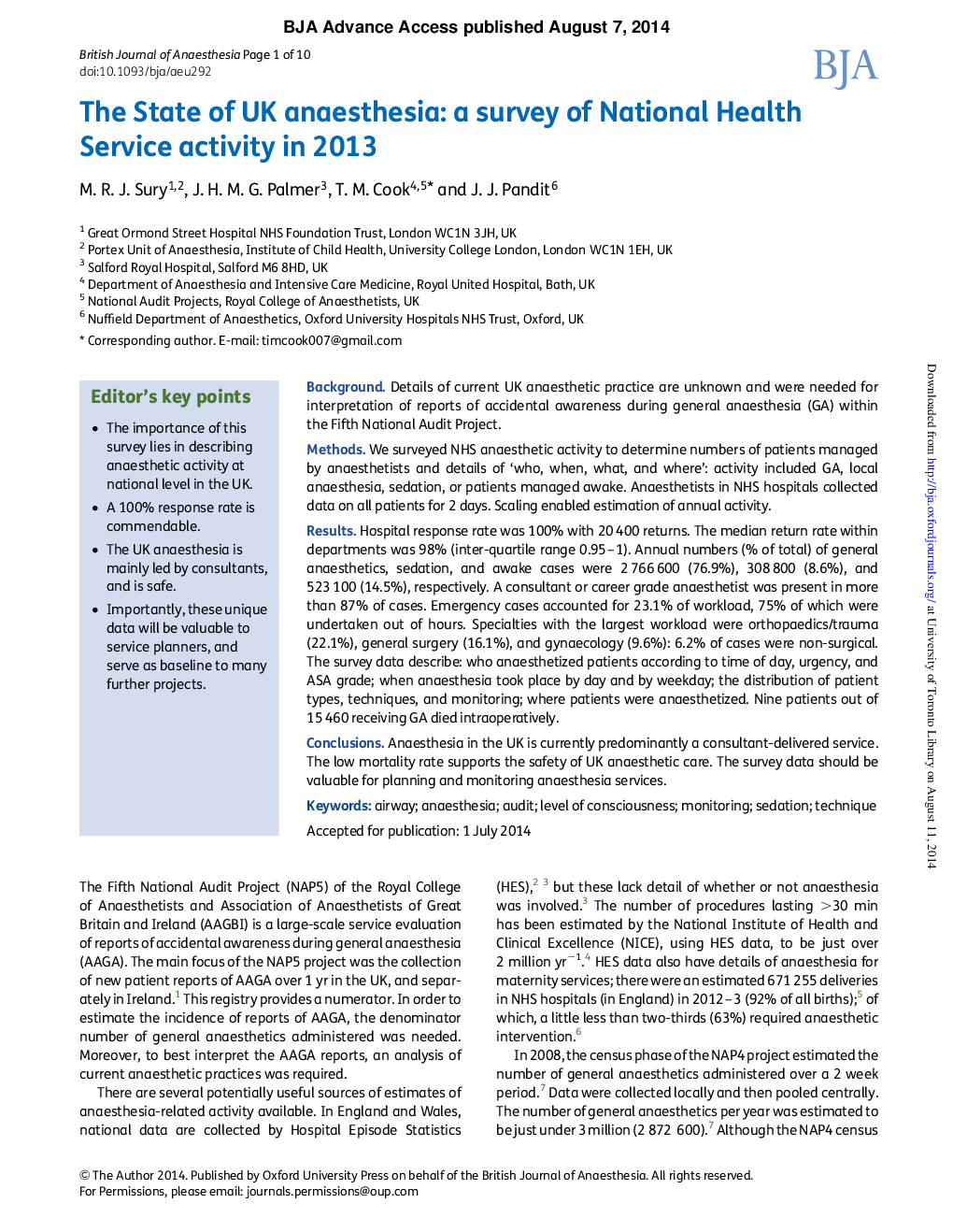 The State of UK anaesthesia: a survey of National Health Service activity in 2013â 