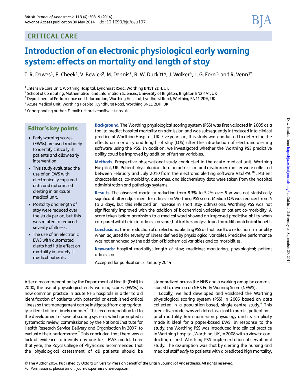 Introduction of an electronic physiological early warning system: effects on mortality and length of stay